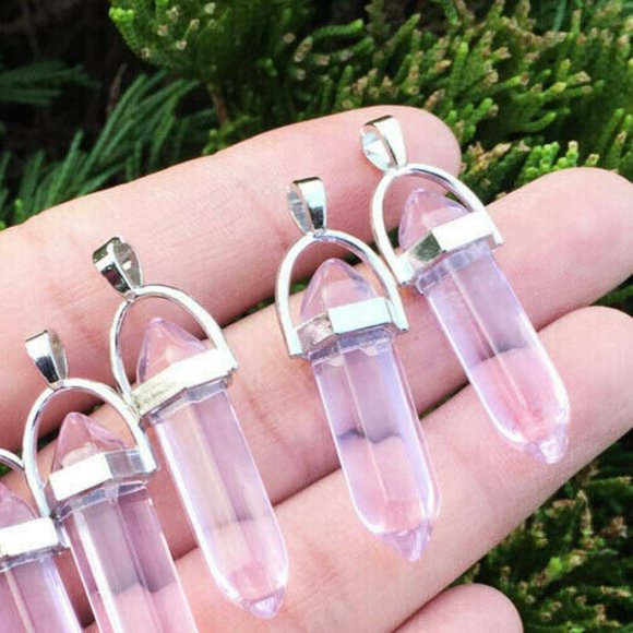 Pink Glass Crystal Stone Pendants Crystal Gemstone Natural Point bead necklace - Picture 3 of 4